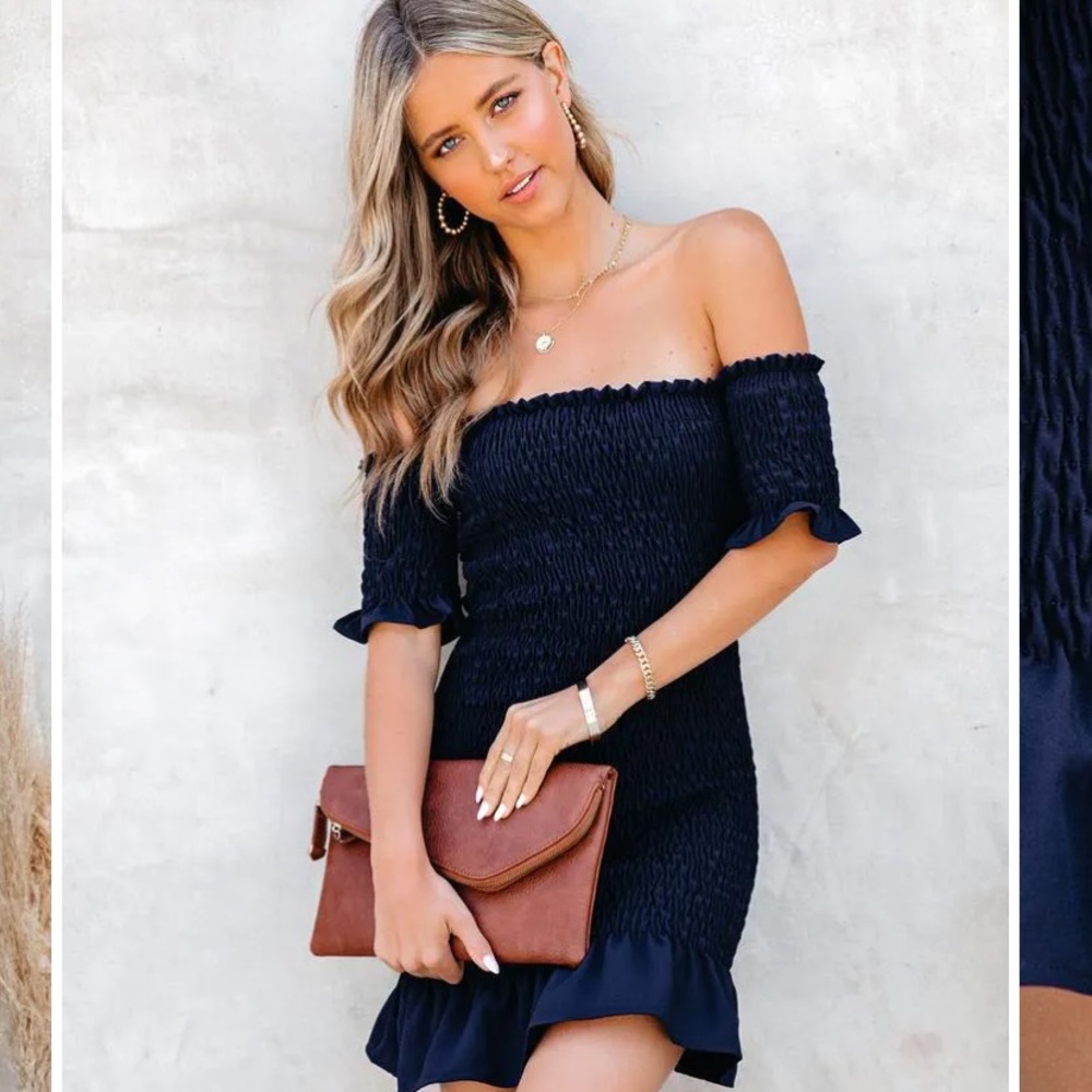 VICI Some Like it Hot Navy Off the shoulder dress